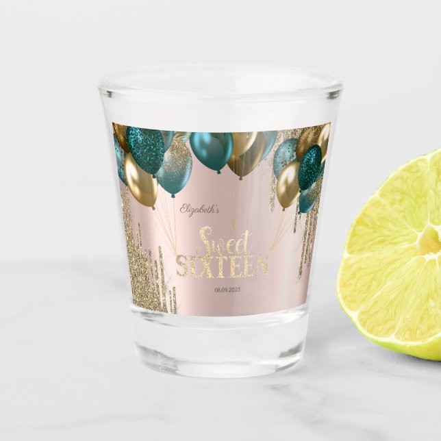  Gold Glitter Drips Balloons Rose Gold Sweet 16 Shot Glass (Front)