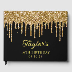 Gold Glitter Drips Black 16th Birthday Guest Book