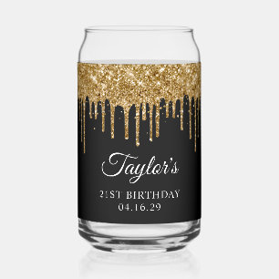 Gold Glitter Drips Black 21st Birthday Can Glass