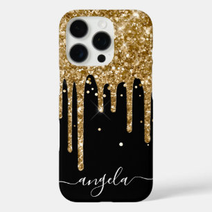 Gold Glitter Drips Black Glam Signature iPhone 16 Pro Case
