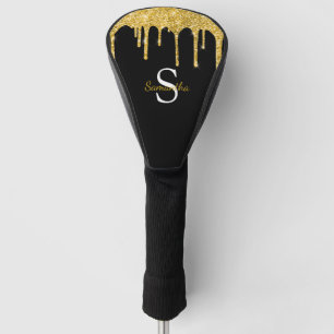 Gold Glitter Drips Black Monogram Name Golf Head Cover