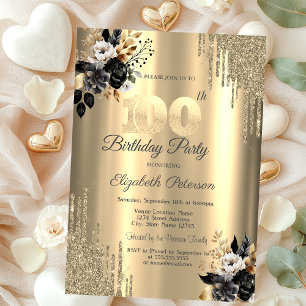 Gold Glitter Drips Black Roses 100th Birthday Invitation