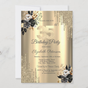 Gold Glitter Drips Black Roses 35th Birthday  Invitation