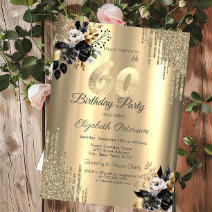 Gold Glitter Drips Black Roses 60th Birthday  Invitation