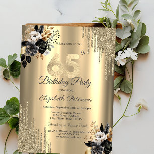 Gold Glitter Drips Black Roses 65th Birthday Invitation