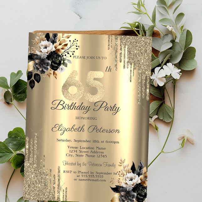 Gold Glitter Drips Black Roses 65th Birthday  Invitation (Creator Uploaded)