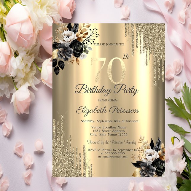 Gold Glitter Drips Black Roses 70th Birthday  Invitation (Creator Uploaded)