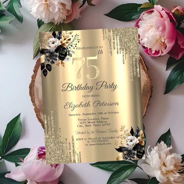 Gold Glitter Drips Black Roses 75th Birthday  Invitation (Creator Uploaded)