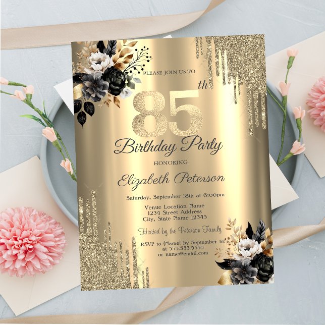 Gold Glitter Drips Black Roses 85th Birthday  Invitation (Creator Uploaded)