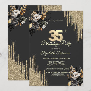 Gold Glitter Drips Black Roses Dark 35th Birthday Invitation