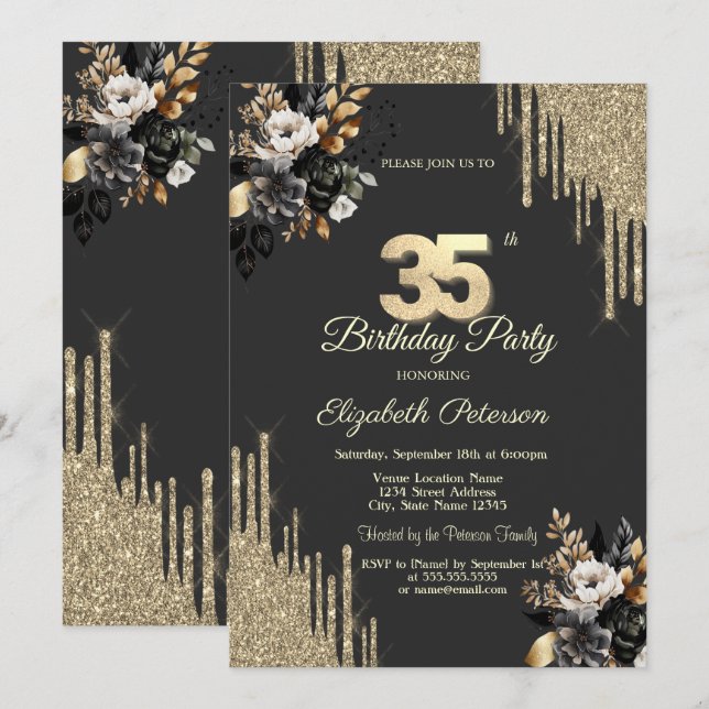 Gold Glitter Drips Black Roses Dark 35th Birthday Invitation (Front/Back)
