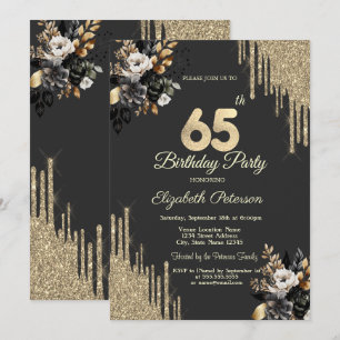 Gold Glitter Drips Black Roses Dark 65th Birthday  Invitation