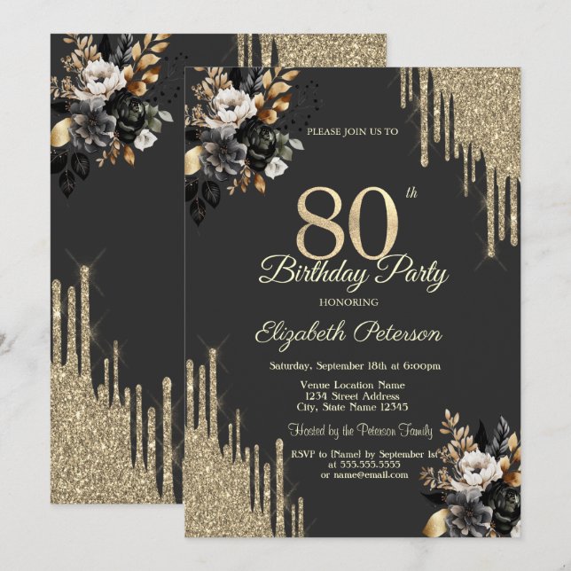 Gold Glitter Drips Black Roses Dark 80th Birthday Invitation (Front/Back)