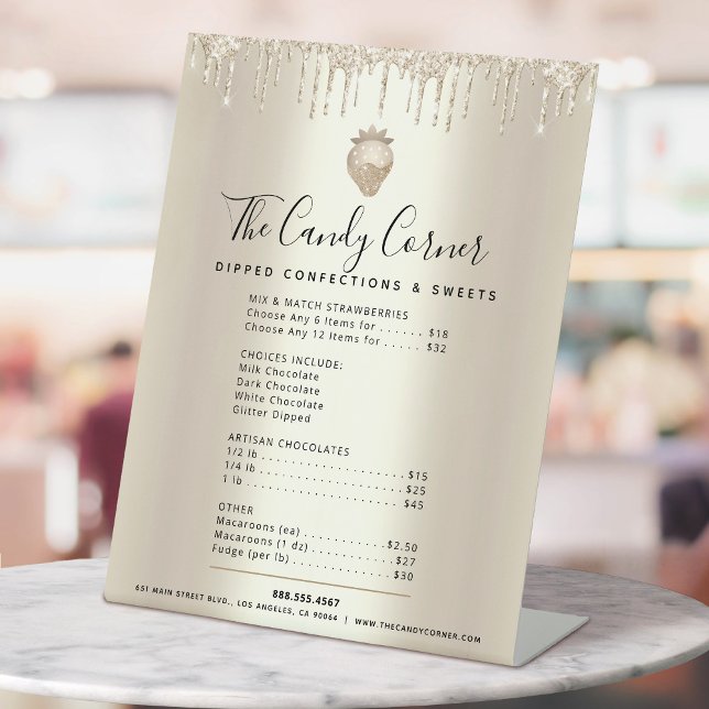 Gold Glitter Drips Dessert Sweets Menu Price List  Pedestal Sign (Creator Uploaded)