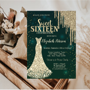  Gold Glitter Drips,Diamonds Dress Green Sweet 16  Invitation