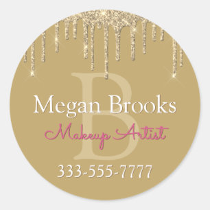 Gold Glitter Drips DIY Name Monogram Business Gold Classic Round Sticker