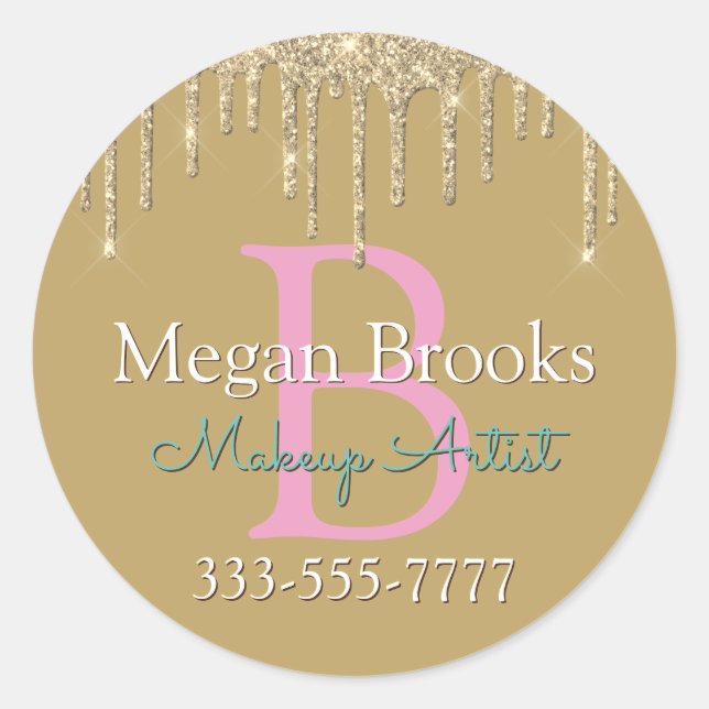 Gold Glitter Drips DIY Name Monogram Business Pink Classic Round Sticker (Front)