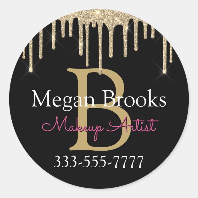Gold Glitter Drips, DIY Name & Monogram Occupation Classic Round Sticker (Front)