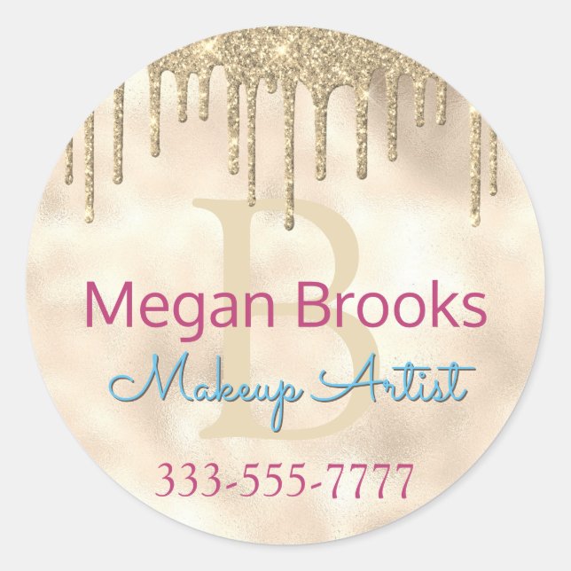Gold Glitter Drips, DIY Name, Monogram Title Blue Classic Round Sticker (Front)