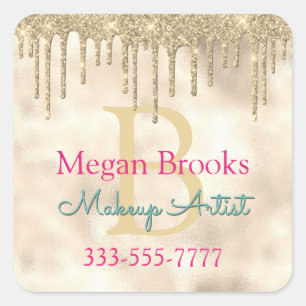 Gold Glitter Drips, DIY Name, Monogram Title Teal Square Sticker