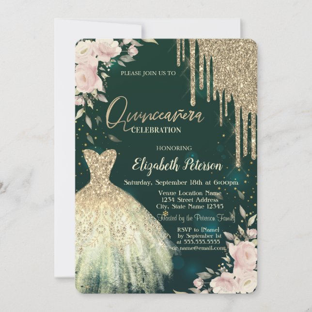  Gold Glitter Drips,Dress,Floral Green Quinceanera Invitation (Front)