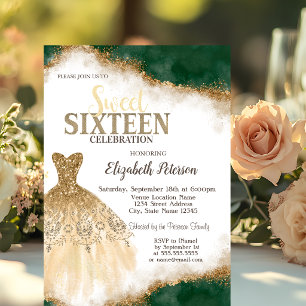 Gold Glitter Drips,Dress Green Glitter Sweet 16 Invitation