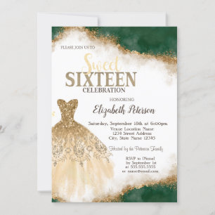 Gold Glitter Drips,Dress Green Glitter Sweet 16  Invitation