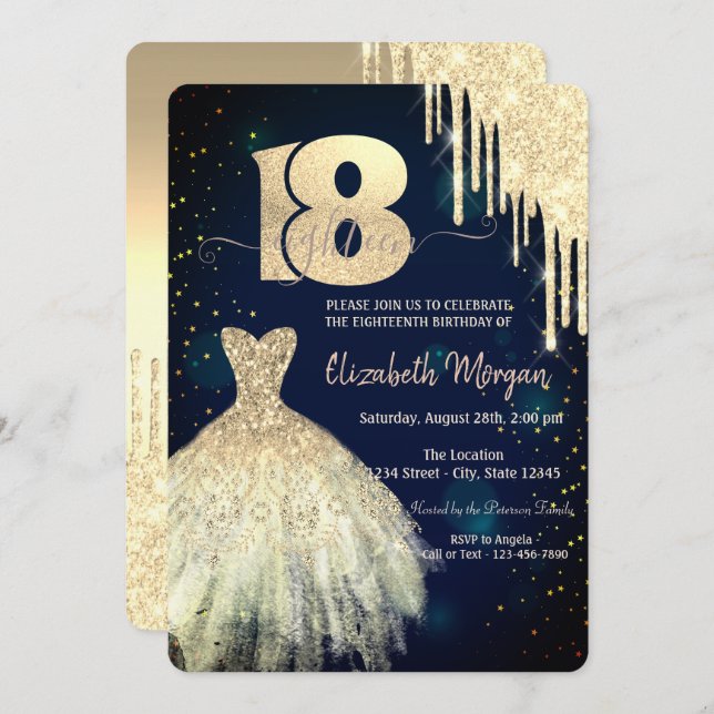 Gold Glitter Drips Dress Navy Blue 18th Birthday  Invitation (Front/Back)