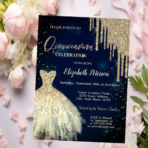  Gold Glitter Drips,Dress Navy Blue Quinceañera Invitation
