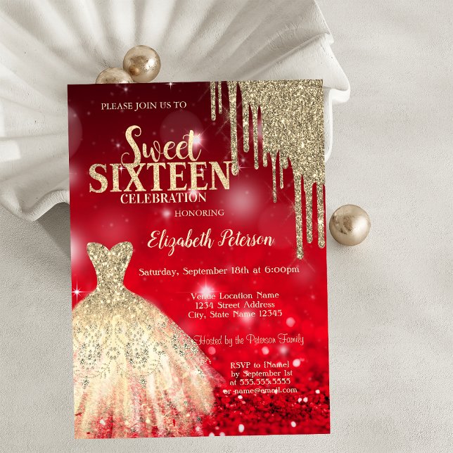 Gold Glitter Drips,Dress Red Bokeh Sweet 16 Invitation (Creator Uploaded)