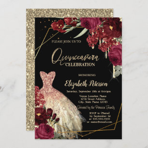 Gold Glitter Drips,Dress Red Roses Quinceañera Invitation
