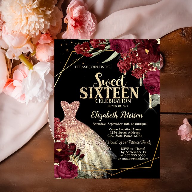 Gold Glitter Drips,Dress Red Roses Sweet 16 Invitation (Creator Uploaded)