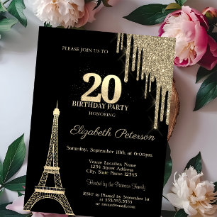 Gold Glitter Drips, Eiffel Tower 20th Birthday Invitation