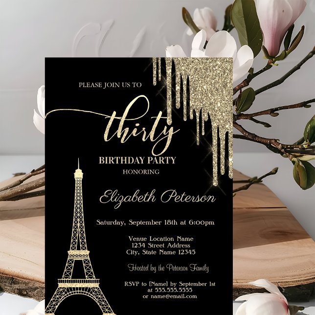 Gold Glitter Drips, Eiffel Tower 30th Birthday Invitation (Creator Uploaded)