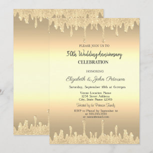 Gold Glitter Drips Gold Wedding Anniversary Invitation