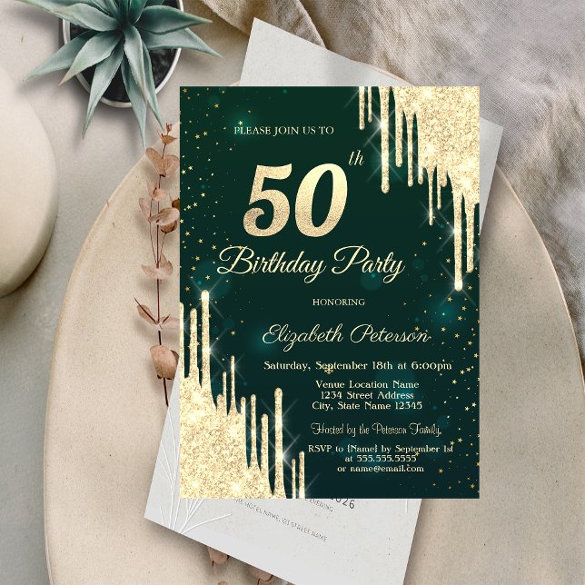 Gold Glitter Drips Green 50th Birthday  Invitation (Creator Uploaded)