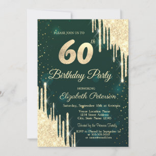 Gold Glitter Drips Green 60th Birthday Invitation