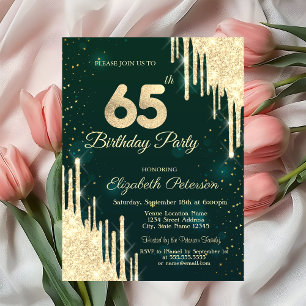 Gold Glitter Drips Green 65th Birthday  Invitation