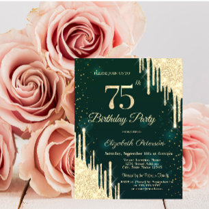 Gold Glitter Drips Green 75th Birthday Invitation