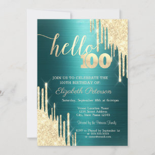 Gold Glitter Drips Green Metallic 100th Birthday Invitation