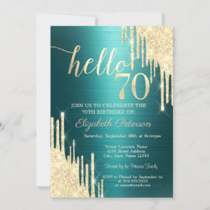 Gold Glitter Drips Green Metallic 70th Birthday Invitation
