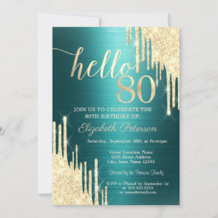 Gold Glitter Drips Green Metallic 80th Birthday Invitation