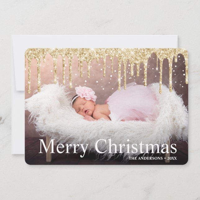 Gold Glitter Drips Merry Christmas Photo  Holiday Card (Front)