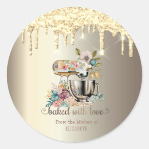 Gold Glitter Drips Mixer Flowers Bakery Classic Round Sticker