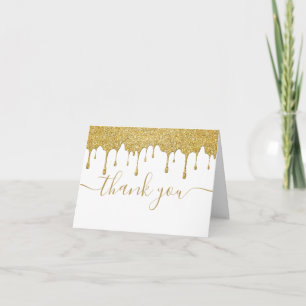 Gold Glitter Drips Modern Elegant Script Thank You Card