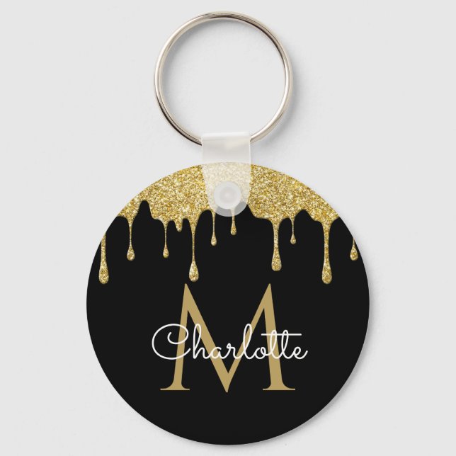 Gold Glitter Drips Monogram Elegant Chic Script Key Ring (Front)