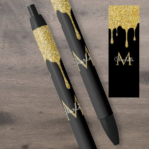 Gold Glitter Drips Monogram Elegant Girly Script Black Ink Pen