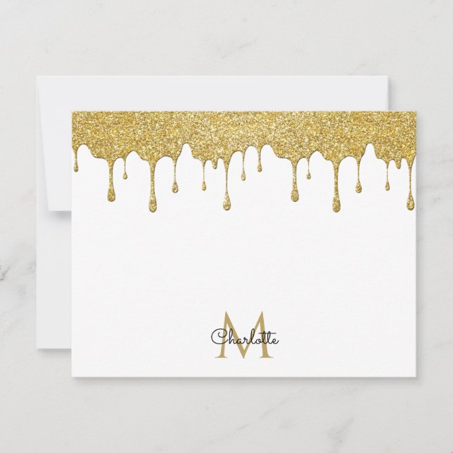 Gold Glitter Drips Monogram Elegant Girly Script Card (Front)
