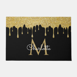 Gold Glitter Drips Monogram Elegant Girly Script Doormat