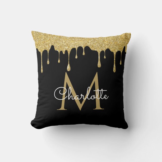 Gold Glitter Drips Monogram Elegant Script Black  Cushion (Front)